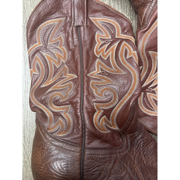 VTG Cowtown Calf Leather Brown Cowboy Boots Size 10.5 Textured Orange Stitching - Picture 7 of 16